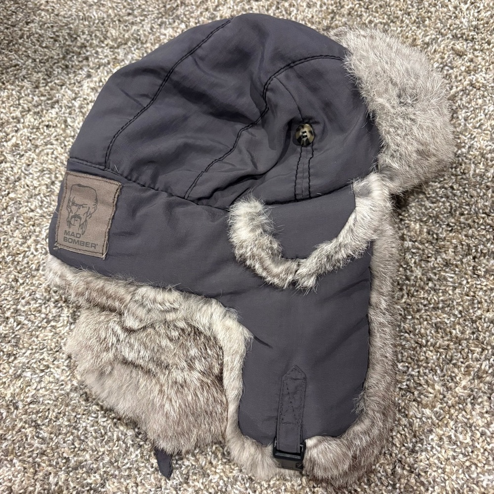 Gray Trapper Hat with Rabbit Fur Lining